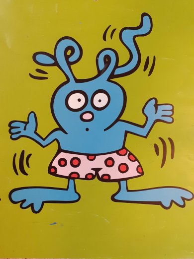 Ferienkurs Kinderkunstschule 2025 Das Bild zeigt eine Figur im Stil des Künstlers Keith Haring.