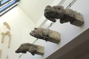 Das Bild zeigt drei Wasserspeier der Kirche St. Servatius, die im Museum zu sehen sind.