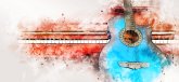 Abstrakte bunte Gitarre und Klaviertastatur vor einem Aquarellmalerei Hintergrund