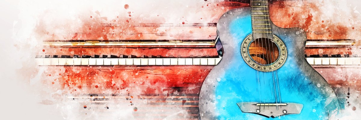 Abstrakte bunte Gitarre und Klaviertastatur vor einem Aquarellmalerei Hintergrund