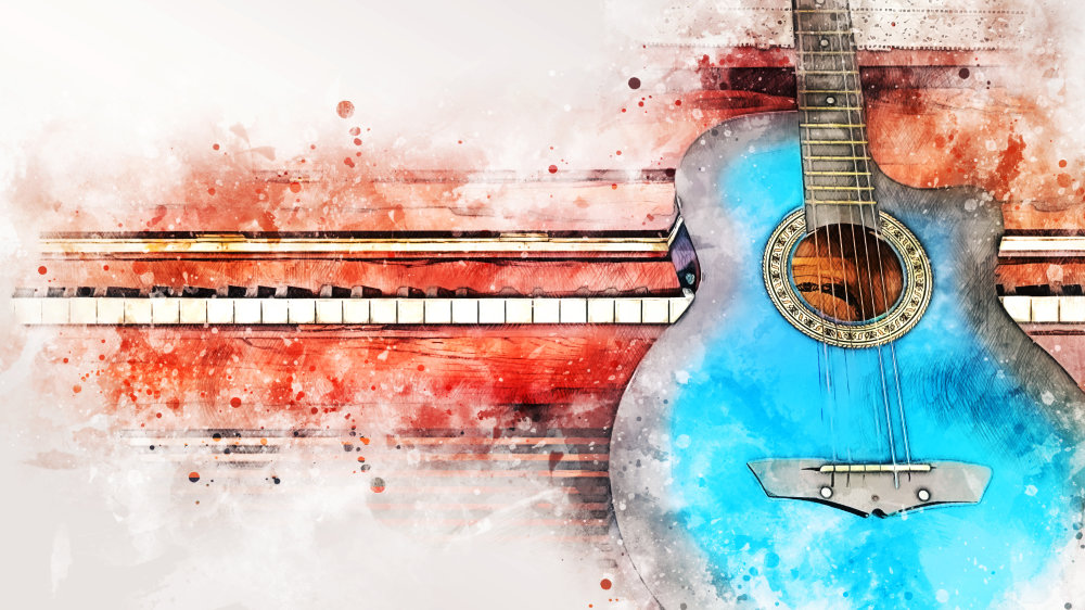 Ein künstlerisches Bild einer Gitarre vor den Tasten eines Klaviers.